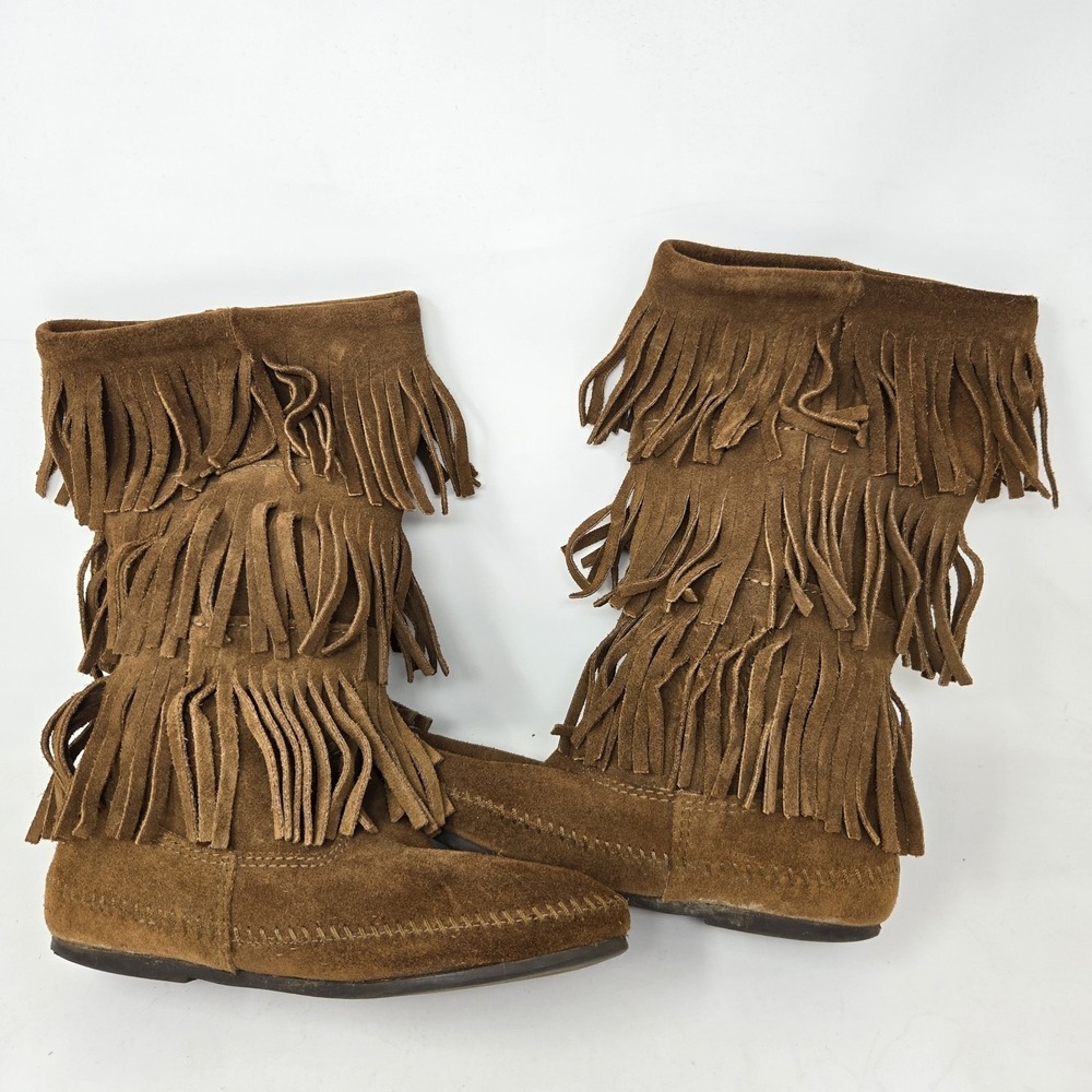 MINNETONKA Women's Size 8M Shoes Brown Suede 3 Layer Fringe Moccasin Boots Boho - Picture 6 of 7